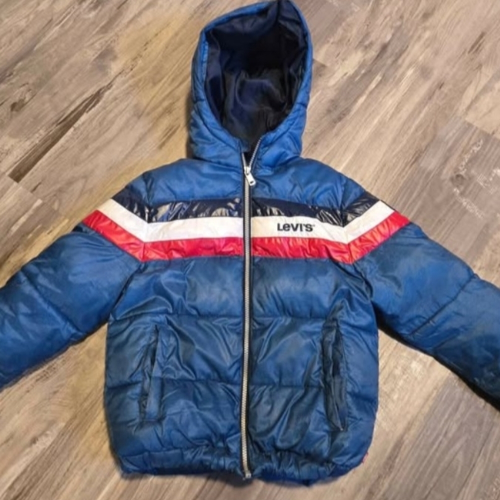 Signature by Levi Strauss Kids Blue Puffer Jacket with Red and White Accents